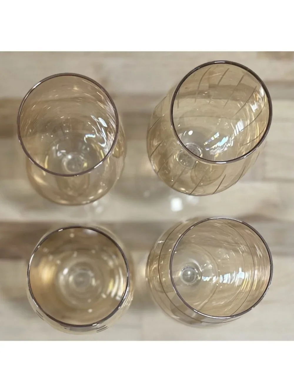 4 Pc. Mikasa Cheers Amber Gold Wine Glass Etched Different Patterns Striped Dots